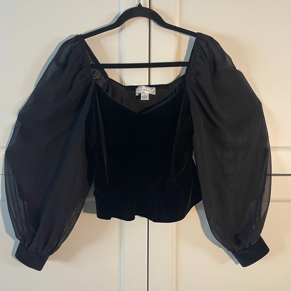 Band of the Gypsies Black Velvet Sheer Balloon Sleeve‎ Smocked Top Medium